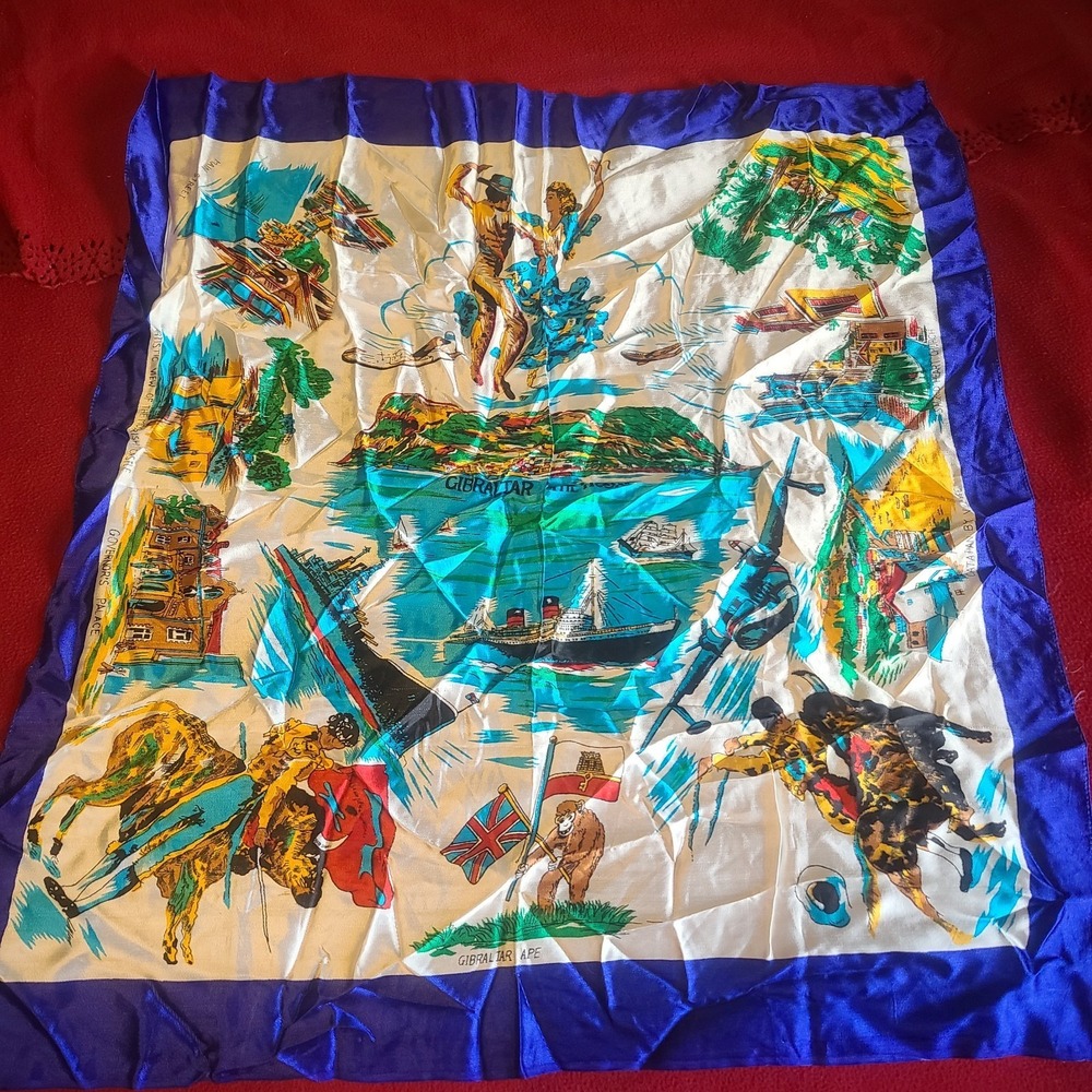Vintage 50's Souvenir Scarf Spanish Gibraltar The Rock Travel Landmarks